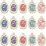 24Pcs Alloy Enamel Pendants, with Rhinestone, Oval with Flower, Golden, Mixed Color, 23x14.5x2.5mm, Hole: 2mm(ENAM-FS0004-50)