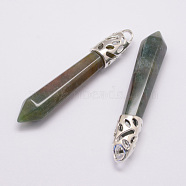 Natural Indian Agate Big Pointed Pendants, with Alloy Findings, Bullet, Platinum, 57~63x13x10mm, Hole: 3x4mm(G-D860-C34-P)