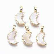 Brass Pendants, with Freshwater Shell, Nickel Free, Real 18k Gold Plated, Moon, Seashell Color, 16x10x3mm, Hole: 2x4mm(KK-R134-038-NF)