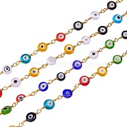 Brass Handmade Beaded Chain, with Glass Beads, Unwelded, Flat Round with Evil Eye Pattern, Long-Lasting Plated, Colorful, 7.5~8x3mm, 1m/bag(CHC-SZ0001-09G)