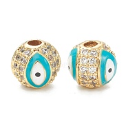 Brass Micro Pave Cubic Zirconia Charms, with Enamel,  Long-Lasting Plated, Flat Round with Evil Eye, Real 18K Gold Plated  , Dark Turquoise, 8mm, Hole: 2mm(ZIRC-A019-16G-A03)
