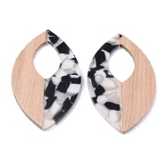 Resin & Wood Pendants, Two Tone, Leaf, Black, 66.5x39x3mm, Hole: 2mm(RESI-R428-11-B01)