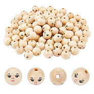 150Pcs Printed Natural Wood European Beads, Undyed, Large Hole Beads, Round with Expression Pattern, Navajo White, 17~18x17mm, Hole: 4mm(WOOD-FH0001-93)