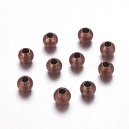 Brass Textured Beads, Nickel Free, Round, Red Copper Color, Size: about 4mm in diameter, hole: 1mm(EC247-NFR)