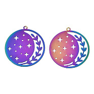 Ion Plating(IP) 201 Stainless Steel Filigree Pendants, Etched Metal Embellishments, Flat Round with Star, Rainbow Color, 32.5x30x0.3mm, Hole: 1.6mm(STAS-S118-022)
