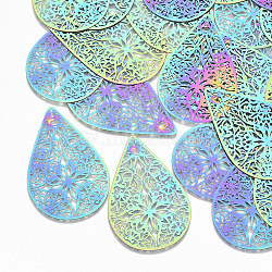 Ion Plating(IP) 201 Stainless Steel Filigree Joiners Links, Etched Metal Embellishments, Teardrop, Rainbow Color, 52.5x34x0.3mm(X-STAS-S108-63)