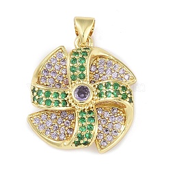 Rack Plating Brass Micro Pave Cubic Zirconia Pendants, Long-Lasting Plated, Lead Free & Cadmium Free, Real 18K Gold Plated, Winnower, Green, 21.5x20x6mm, Hole: 3.5x3mm(KK-K341-49G-02)