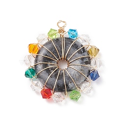 Natural Larvikite Pendants, Donut/Pi Disc Charm, with Colorful Glass Beads and Real 18K Gold Plated Copper Wire Wrapped, 44x41x6.5mm, Hole: 3mm(PALLOY-JF01755-02)