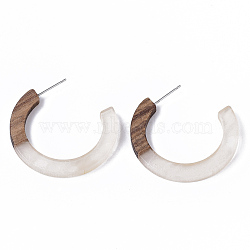 Resin & Walnut Wood Stud Earring Findings, Half Hoop Earrings, Imitation Gemstone, with 304 Stainless Steel Pin, Clear, 35x35x4mm, Pin: 0.7mm(RESI-R425-01-A03)