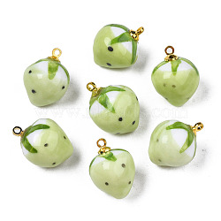 Handmade Porcelain Pendants, with Golden Plated Brass Findings, Famille Rose Style, 3D Strawberry, Yellow Green, 18~20x13.5~15mm, Hole: 1.6mm(PORC-N004-152B-09)