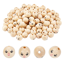 150Pcs Printed Natural Wood European Beads, Undyed, Large Hole Beads, Round with Expression Pattern, Navajo White, 17~18x17mm, Hole: 4mm(WOOD-FH0001-93)