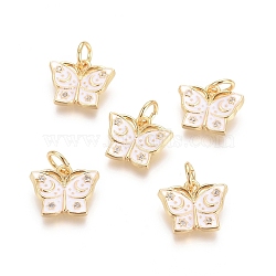 Brass Micro Pave Cubic Zirconia Charms, with Enamel, Jump Rings, Butterfly, Clear, White, 10x12x2mm, Hole: 3.4mm(ZIRC-G161-05G-02)