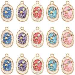 24Pcs Alloy Enamel Pendants, with Rhinestone, Oval with Flower, Golden, Mixed Color, 23x14.5x2.5mm, Hole: 2mm(ENAM-FS0004-50)