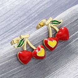 Cherry Brass Stud Earrings, with Enamel, Long-Lasting Plated, Lead Free & Cadmium Free, Real 18K Gold Plated, 13x13mm(EJEW-H158-03G)