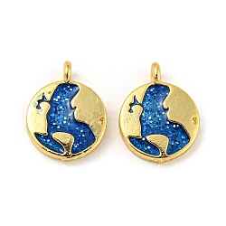 Rack Plating Brass Charms, with Sequins Enamel, Long-Lasting Plated, Lead Free & Cadmium Free, Flat Round with Map Charm, Real 18K Gold Plated, Blue, 13x10x2mm, Hole: 1.5mm(KK-R153-09G)