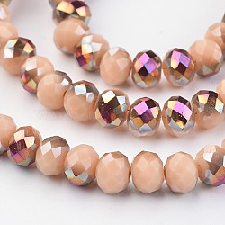 Electroplate Glass Beads Strands,  Half Plated, Faceted Rondelle, BurlyWood, 6x4mm, Hole: 1mm, about 92pcs/strand, 15 inch(EGLA-P018-6mm-H07-3A)
