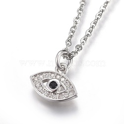 304 Stainless Steel Pendant Necklaces, with Cubic Zirconia, Horse Eye, Clear, Stainless Steel Color, 17.6 inch(45cm), Pendant: 9.5x11x1.5mm(NJEW-O108-22P)
