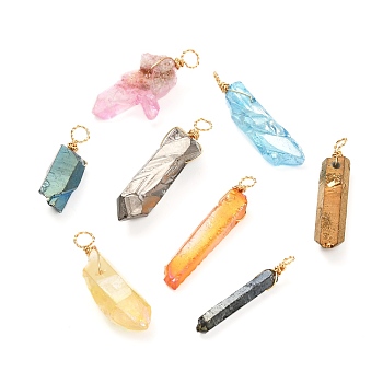 Electroplated Natural Quartz Crystal Pendants, with Real 18K Gold Plated Copper Findings, Nuggets, Mixed Color, 30~41x5~18x4~9mm, Hole: 3~3.7mm