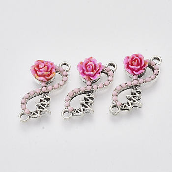 Antique Silver Tone Alloy Links connectors, with Resin, Infinity and Flower, Hot Pink, 15x26.5x6mm, Hole: 1.6mm
