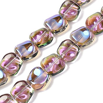 Electroplate Glass Beads Strands, Pearl Luster Plated, Square, Orchid, 10.5x10.5~11x6.5mm, Hole: 1mm, about 59~60pcs/strand, 25.12~25.59 inch(63.8~65cm)