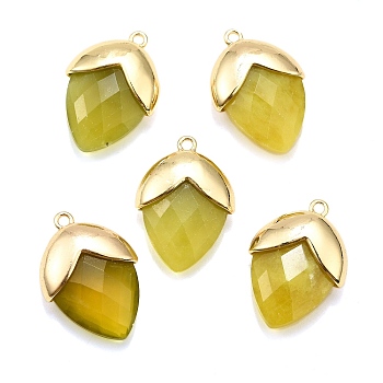 Natural Jade Pendants, with Golden Brass Finding, Straberry Shape Charms, Faceted, 25x17.5x7mm, Hole: 1.6mm