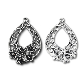 Tibetan Style Alloy Pendants, Cadmium Free & Lead Free, Teardrop with Flower, Antique Silver, 46x29.5x2.5mm, Hole: 2mm, about 250pcs/1000g