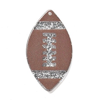Transparent Resin Pendants, Sport Ball Charms with Glitter Powder, Rugby, 47x26x2.2mm, Hole: 1.6mm