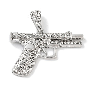 Alloy Rhinestone Pendants, Gun Shapes, Platinum, 28x40x4mm, Hole: 3x10mm