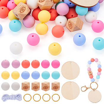DIY Jewelry Making Finding Kits, Including Silicone Beads, Wood Beads & Pendants, Iron Jump Rings, Elastic Cord, Mixed Color, 15mm, Hole: 2~3mm, 7 styles, 10pcs/style, 70pcs