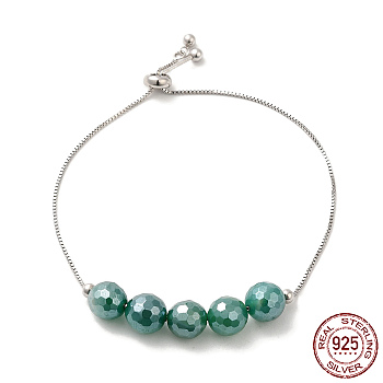 Rhodium Plated Real Platinum Plated 925 Sterling Silver Slider Bracelets, with Dyed Natural Agate Round Beaded, with S925 Stamp, Medium Sea Green, 8-5/8 inch(22cm)