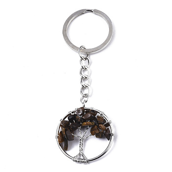 Natural Tiger Eye Chips Chakra Keychain, with Platinum Plated Stainless Steel Split Key Rings, Flat Round with Tree, 90mm