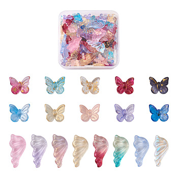 Transparent Spray Painted Glass Charms, with Glitter Powder, Butterfly and Wing, Mixed Color, 9.5~24x11~12.5x3~4mm, Hole: 0.8~1.4mm, 108pcs/bpx