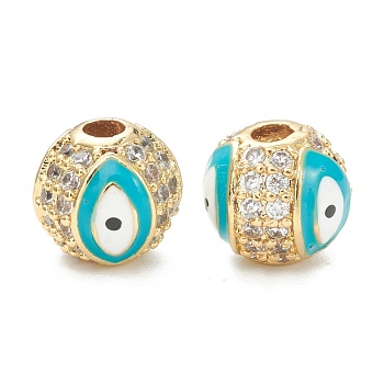 Brass Micro Pave Cubic Zirconia Charms, with Enamel,  Long-Lasting Plated, Flat Round with Evil Eye, Real 18K Gold Plated  , Dark Turquoise, 8mm, Hole: 2mm