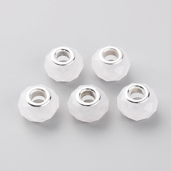 Resin European Beads, Large Hole Beads, with Silver Tone Brass Double Cores, Faceted, Rondelle, White, 14x9mm, Hole: 5mm