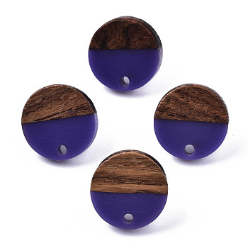 Opaque Resin & Walnut Wood Stud Earring Findings, with 304 Stainless Steel Pin, Flat Round, Slate Blue, 15mm, Hole: 1.8mm, Pin: 0.7mm