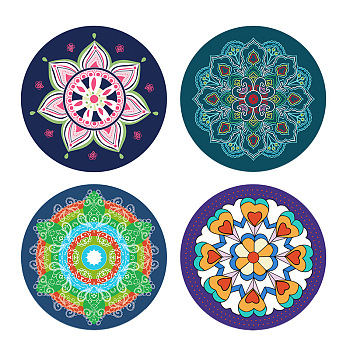 Rubber Cup Mats, Mandala Pattern Coaster, Round, Colorful, 120mm, 4pcs/set