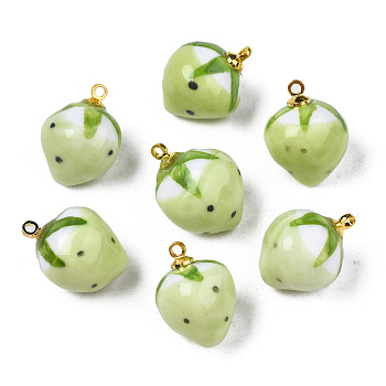Handmade Porcelain Pendants, with Golden Plated Brass Findings, Famille Rose Style, 3D Strawberry, Yellow Green, 18~20x13.5~15mm, Hole: 1.6mm