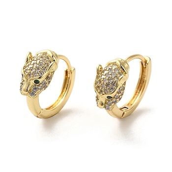 Leopard Head Brass Hoop Earrings, with Cubic Zirconia, Real 18K Gold Plated, 16.5x20x8mm