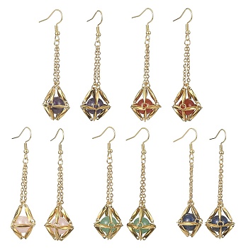 Natural Gemstone Dangle Earrings, Brass Macrame Pouch Long Drop Earrings, Golden, 66x17mm