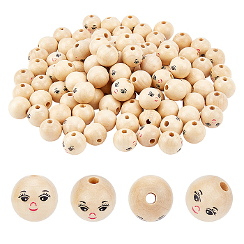 150Pcs Printed Natural Wood European Beads, Undyed, Large Hole Beads, Round with Expression Pattern, Navajo White, 17~18x17mm, Hole: 4mm