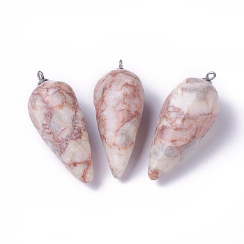 Natural Red Netstone Pointed Pendants, with Stainless Steel Findings, Cone, Stainless Steel Color, 50~53x19~21mm, Hole: 2mm