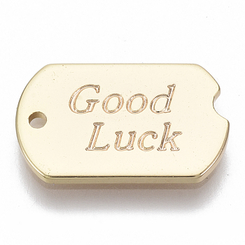 Brass Charms, Nickel Free, Rounded Rectangle with Word Good Luck, Real 18K Gold Plated, 15x9x1mm, Hole: 1mm
