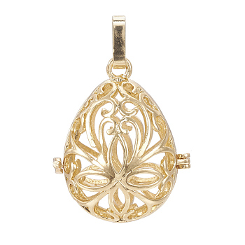 Rack Plating Brass Cage Pendants, For Chime Ball Pendant Necklaces Making, Hollow Teardrop with Flower, Light Gold, 34x27x22mm, Hole: 3mm, inner measure: 24x18mm