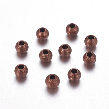 Brass Textured Beads, Nickel Free, Round, Red Copper Color, Size: about 4mm in diameter, hole: 1mm