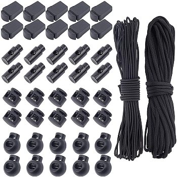 DIY Clothing Accessories KitS, with Iron Spring Plastic Cord Locks, Plastic Zipper Pull Cord Ends, Elastic Cord and Polyester Cords, Black, 27x13mm, Hole: 6mm