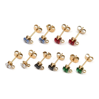 Ion Plating(IP) 304 Stainless Steel Cubic Zirconia Stud Earring Findings, Square, Mixed Color, 6x4.5mm, Hole: 1.5mm, Pin: 0.8mm