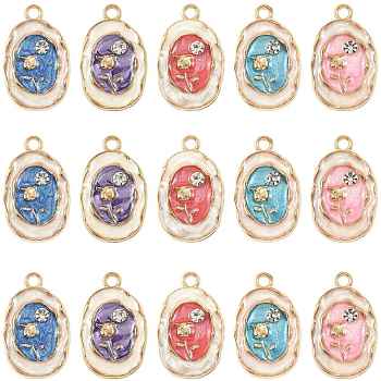 24Pcs Alloy Enamel Pendants, with Rhinestone, Oval with Flower, Golden, Mixed Color, 23x14.5x2.5mm, Hole: 2mm