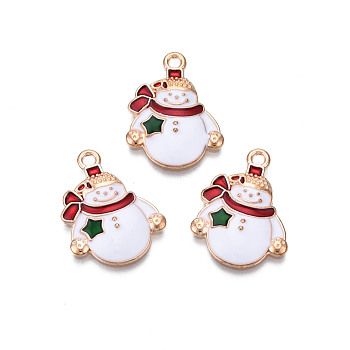 Christmas Alloy Enamel Pendants, Cadmium Free & Lead Free, Light Gold, Snowman, White, 21.5x16.5x3mm, Hole: 1.6mm