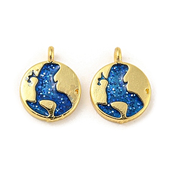 Rack Plating Brass Charms, with Sequins Enamel, Long-Lasting Plated, Lead Free & Cadmium Free, Flat Round with Map Charm, Real 18K Gold Plated, Blue, 13x10x2mm, Hole: 1.5mm