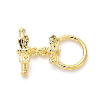 Brass Toggle Clasps, Dragonfly, Real 18K Gold Plated, ring: 15.5x12x3.5mm, Hole: 1.6mm; bar: 7x16.5x4mm, hole: 1.6mm